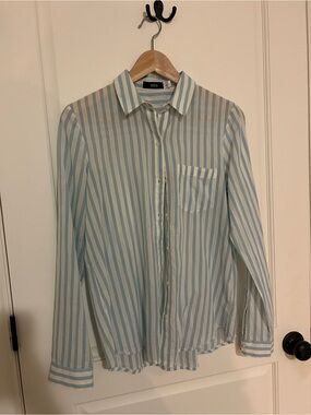 BDG Women's Light Blue and White Striped Button-Up Shirt - Size S/P